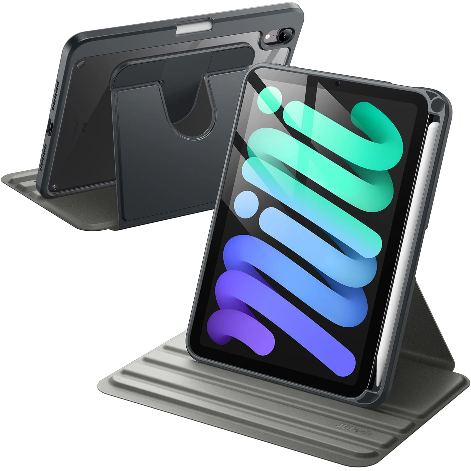 JETech Rotating Case for iPad mini (A17 Pro, 2024 Model, 7th Generation) / mini 6 (2021 Model, 6th Generation), 360 Degree Rotation Protective Stand Cover Clear Back (Space Gray)