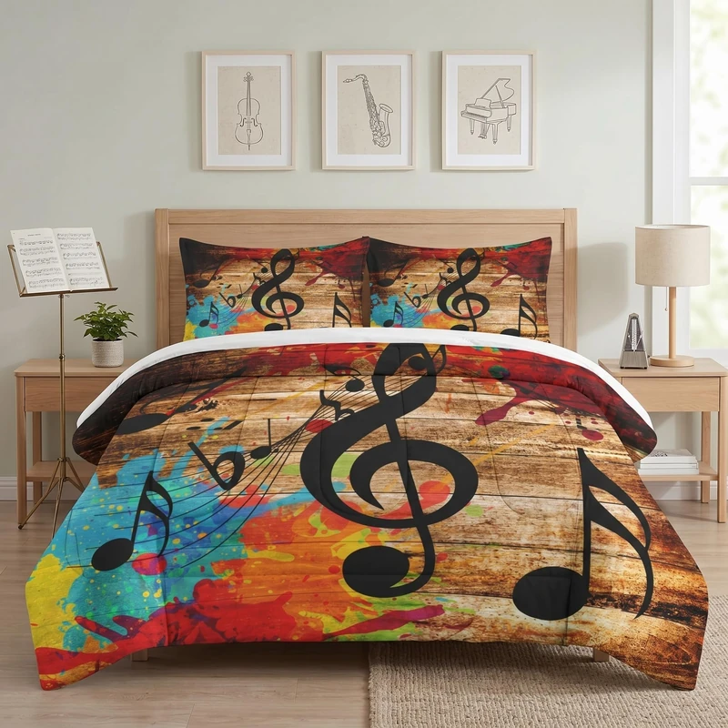 Comforter Set Full Size with 2 Pillowcases, Musical Music Disco Bedding Set for Kids and Adults, Black Retro Woodboard Soft Comforter Set for Bedroom Bed Decor
