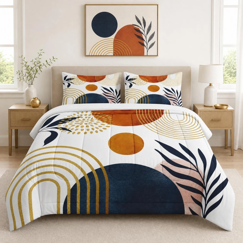 WeCozy Queen Size Comforter Set with 2 Pillowcases, Gold Golden Yellow Mid Century 3 Pcs Bedding for Kids and Adults, Sun Boho Geometric Leaf Soft Comforter Set for Bedroom Bed Decor