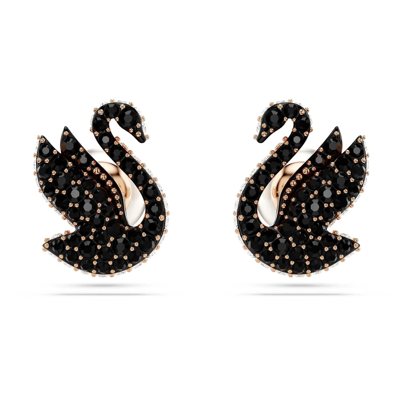 Swarovski Swan stud earrings, Swan, Black, Rose gold-tone plated