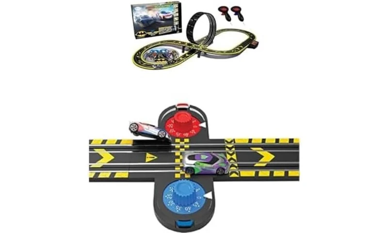 Micro Scalextric Sets for Kids Age 4+ - Batman vs Joker Set, Battery Powered Electric Racing Track Set, Slot Car Race Tracks - Includes 1x Race Set & 1x Ejector Lap Counter Accessory Pack