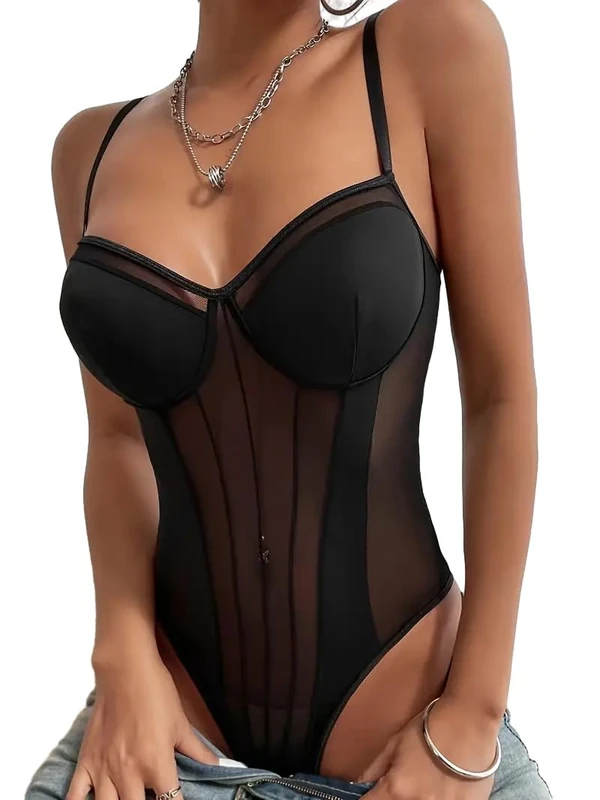 Lilosy Sexy Strappy Garter Underwire Mesh Babydoll Teddy Bodysuit Lingerie, Wireless Black, Medium