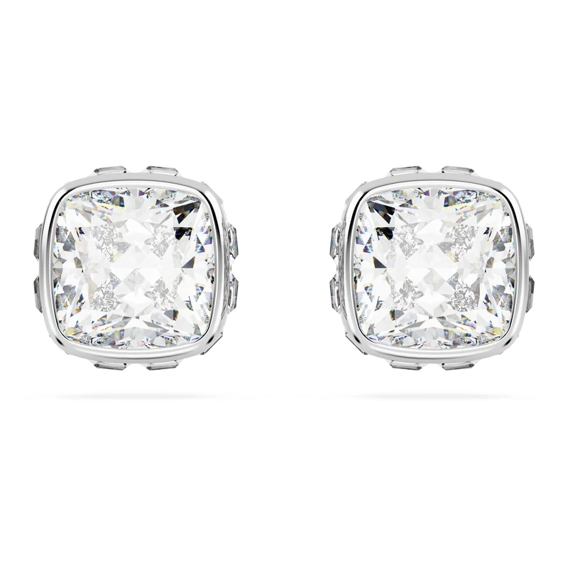 Swarovski Birthstone stud earrings, Square cut, April, White, Rhodium plated