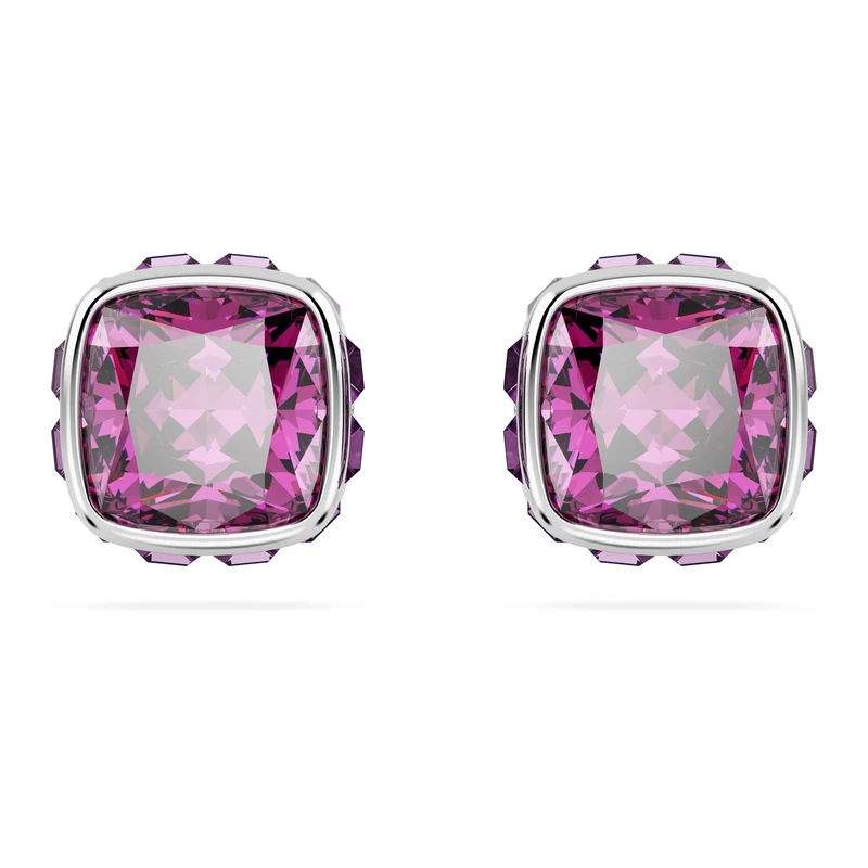 Swarovski Birthstone stud earrings, Square cut, February, Pink, Rhodium plated