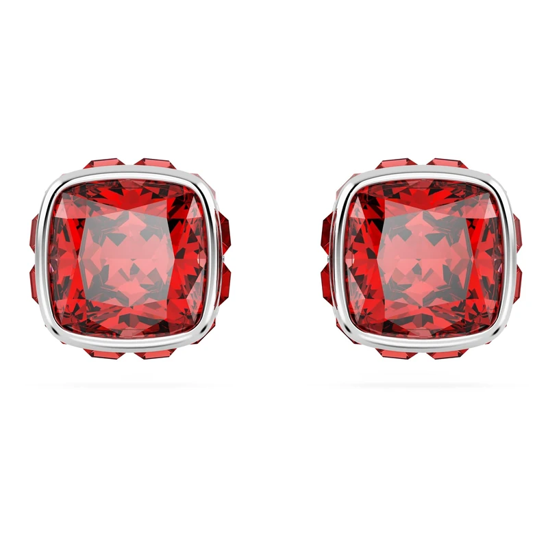 Swarovski Birthstone stud earrings, Square cut, July, Red, Rhodium plated