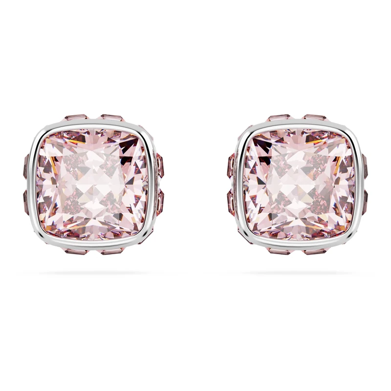 Swarovski Birthstone stud earrings, Square cut, June, Pink, Rhodium plated