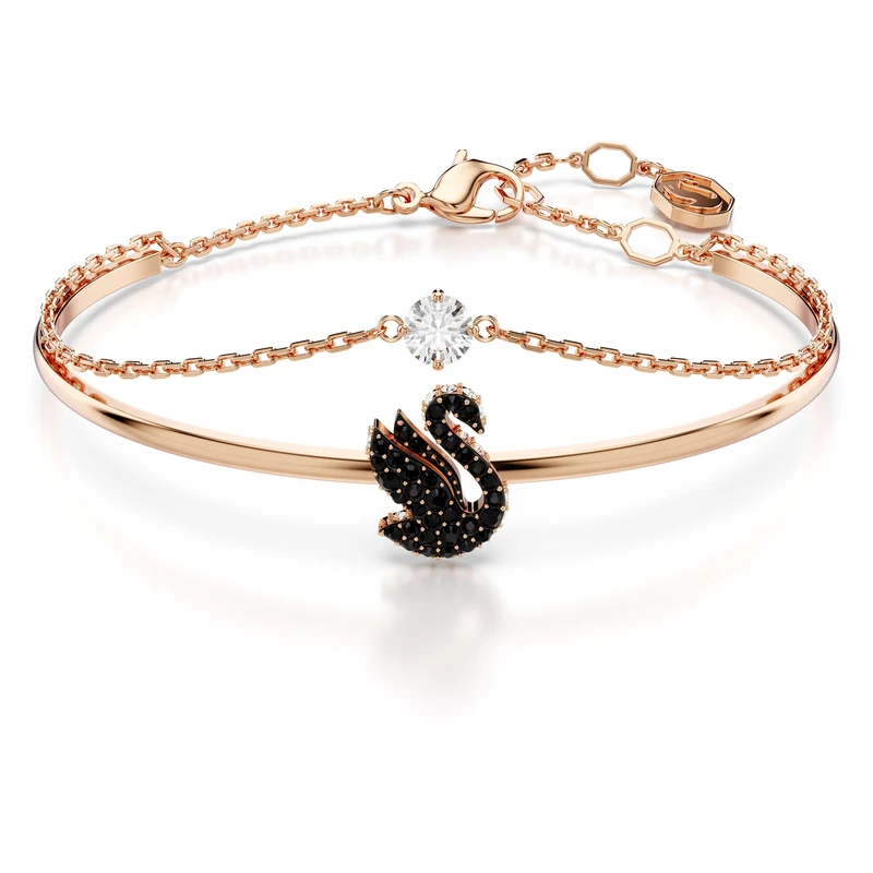 Swarovski Swan Bangle - Black Pave Crystals - Rose Gold-Tone