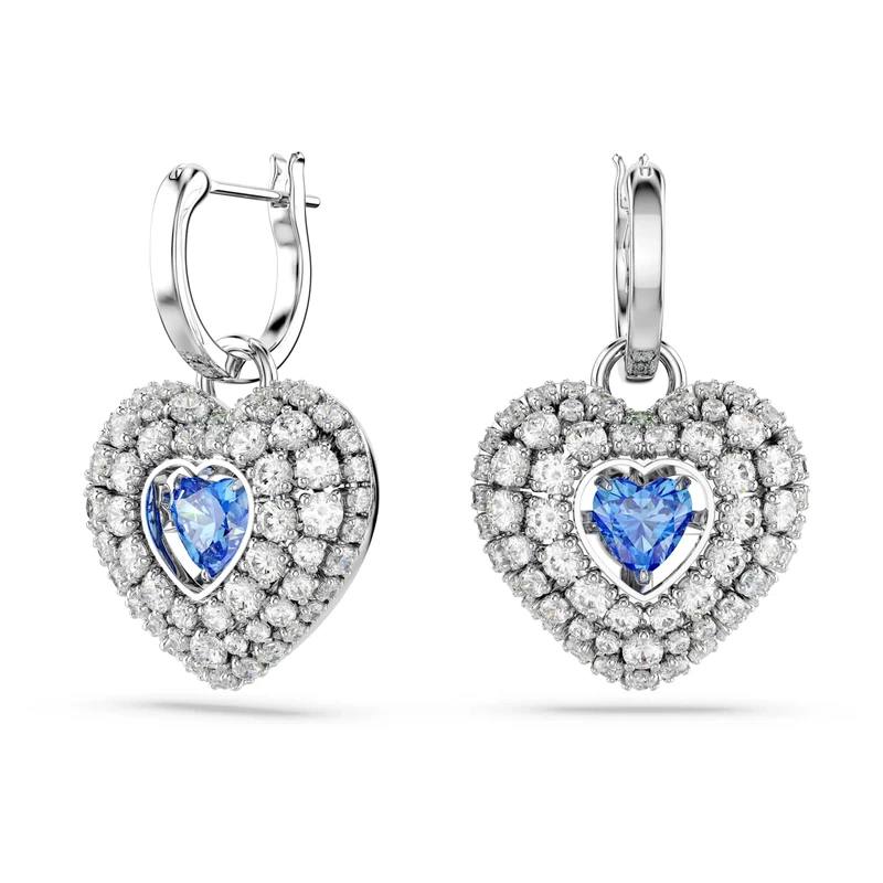 Swarovski Hyperbola drop earrings, Heart, Blue, Rhodium plated