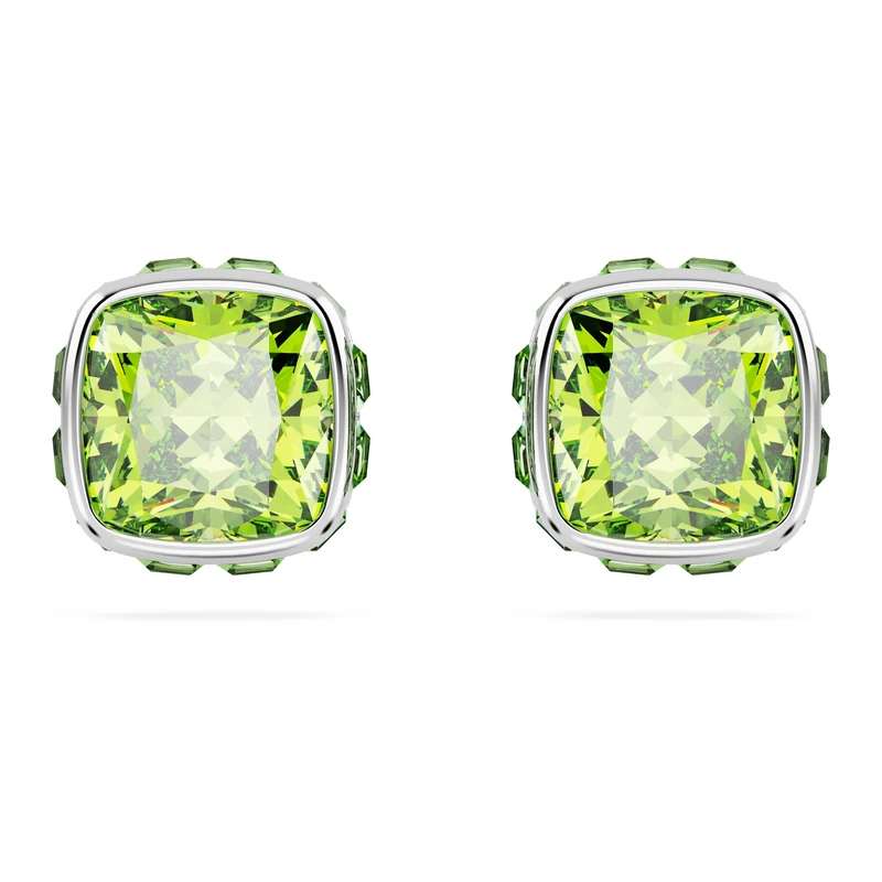 Swarovski Birthstone stud earrings, Square cut, August, Green, Rhodium plated
