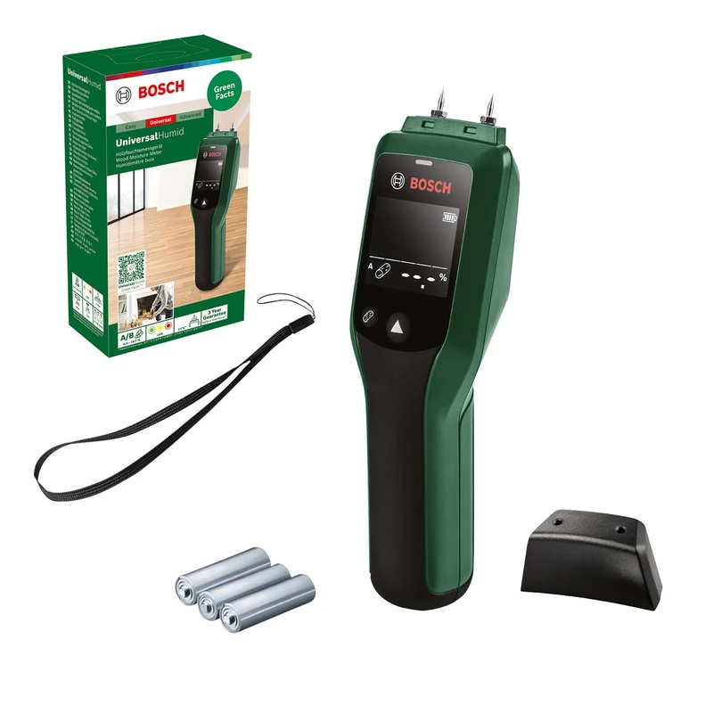 Bosch Moisture Meter UniversalHumid (Precise Results Thanks to Wood Group Selection and LED Traffic Light for Easy Interpretation, in Cardboard Box)