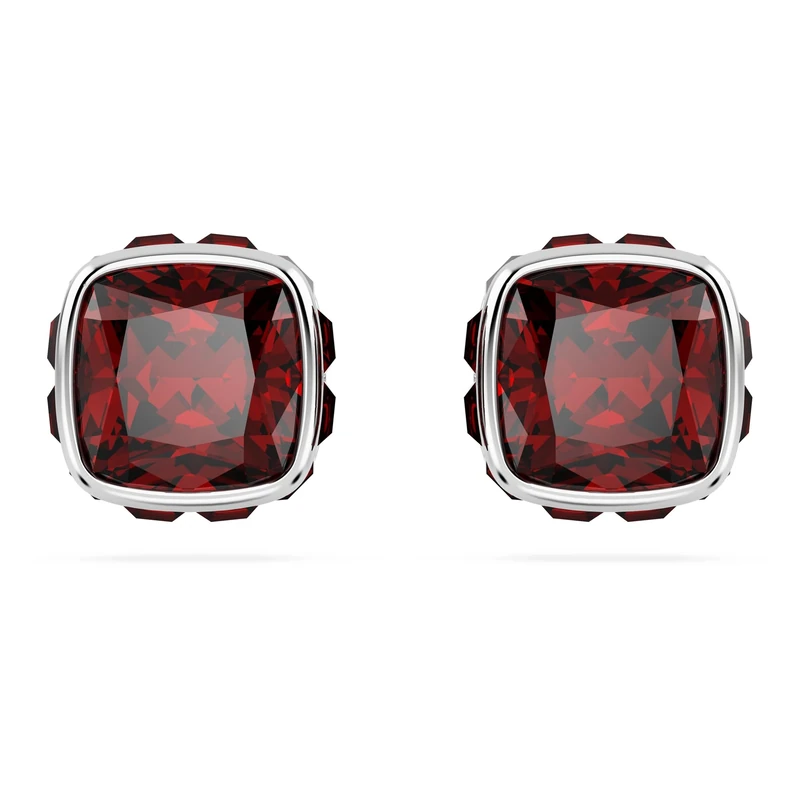 Swarovski Birthstone stud earrings, Square cut, January, Red, Rhodium plated