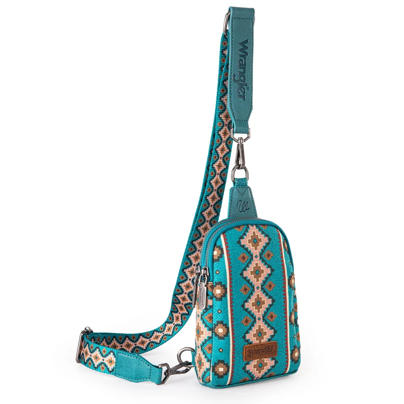 Wrangler Aztec Sling Bag Southwest Crossbody Bags Trendy Chest Bag, Dark Turquoise