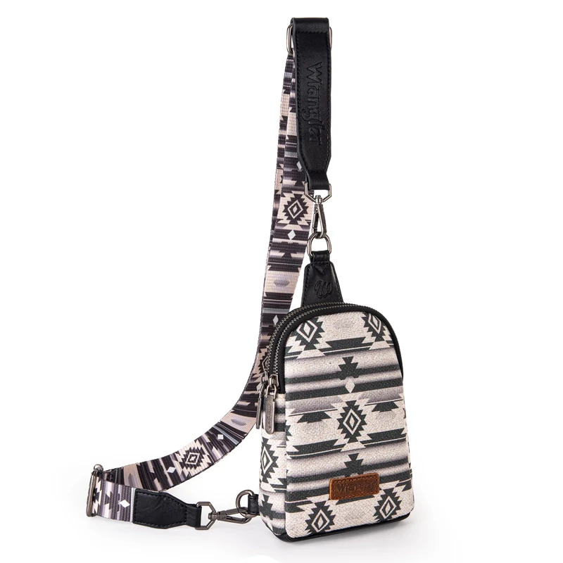 Wrangler Aztec Sling Bag Southwest Crossbody Bags Trendy Chest Bag, Black, One Size