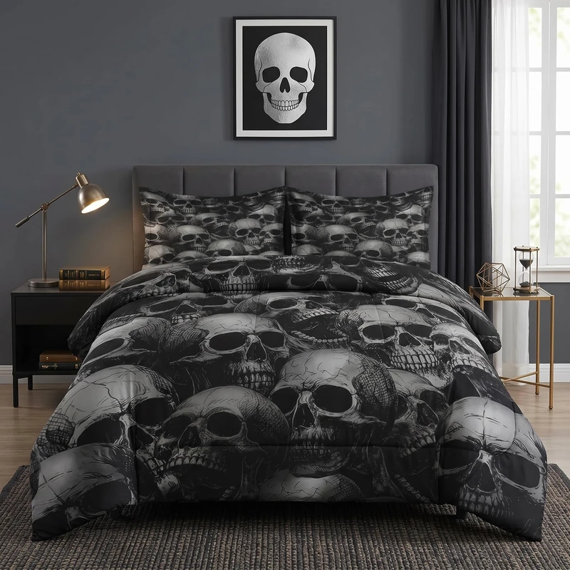Pamnest Comforter Set King Size, Skull Skeleton Soft Bedding Set for Kids and Adults, Spooky Horror Gothic Comforter Set with 2 Pillowcases, for Bedroom Bed Decor