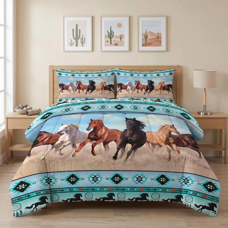 Comforter Set King Size with 2 Pillowcases, Horses Desert Animal Bedding Set for Kids and Adults, Tribal Farm Sunset Run Soft Comforter Set for Bedroom Bed Decor