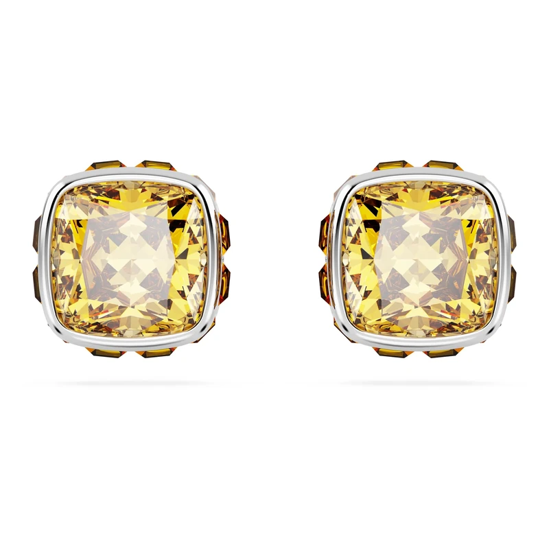 Swarovski Birthstone stud earrings, Square cut, November, Yellow, Rhodium plated