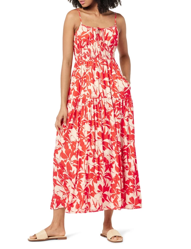 The Drop Women's Tavia Tie-Front Tiered Maxi Dress, Tomato Red Foliage Print, S