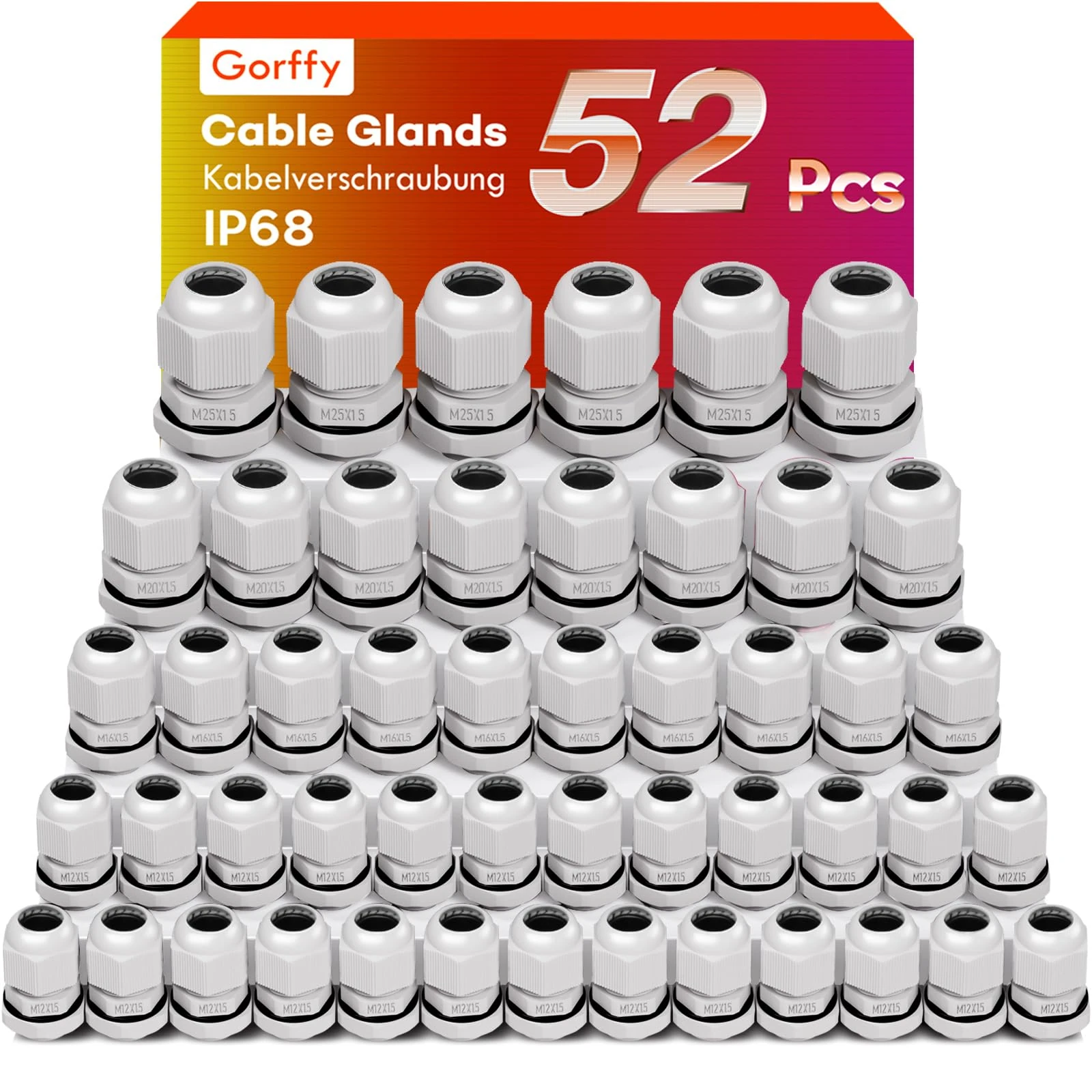 Cable Glands Mixed Set, Gorffy 52PCS Waterproof Stuffing Glands M12 M16 M20 M25, 4 Types IP68 Locknut Stuffing Glands for Garden Outdoor, Plastic Nylon Cable Conduit Waterproof Connectors Set