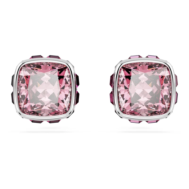 Swarovski Birthstone stud earrings, Square cut, October, Pink, Rhodium plated