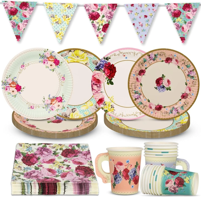 Talking Tables Floral Tableware Set & Vintage Afternoon Tea Party Decorations for 16 Guests | Paper Plates and Napkins, Teacups, Bunting & Tablecloth | for Birthday, Mother's Day, Baby Shower