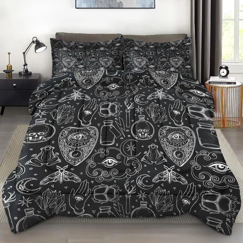 Pamnest Comforter Set King Size, Medieval Retro Soft 3 Pcs Bedding for Kids and Adults, Gothic Vintage Skull Comforter Set with 2 Pillowcases, for Bedroom Bed Decor