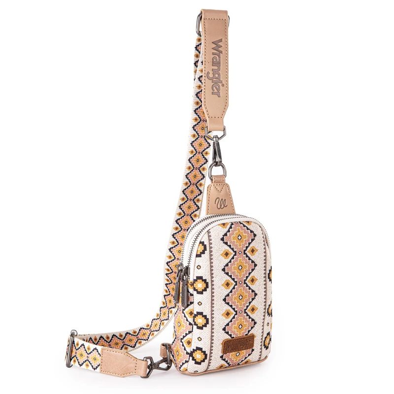 Wrangler Aztec Sling Bag Southwest Crossbody Bags Trendy Chest Bag, Angel-tan - Image 1