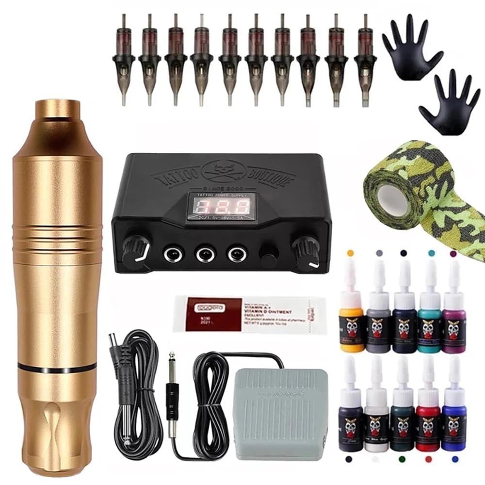 Rotary Tattoo Pen Kit Tattoo Pen Machine Tattoo Pens Gun Cartridges Lining Shading Kit Versatile, Durable Tattooing Equipment for Professional Artists,Gold