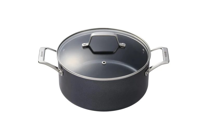 Kyocera Ceramic Cooking Pot with Ceramic Non-Stick Coating, 24 cm, PFAS/PTFE Free, Stainless Steel Handles, Suitable for All Hob Types, Includes Glass Lid