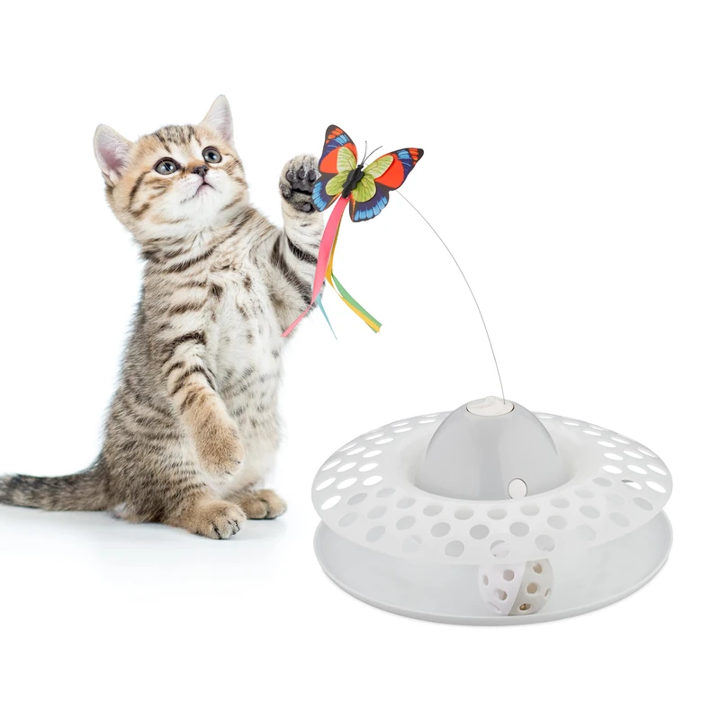 Relaxdays Cat Toy, Butterfly and Ball, HxD: 33.5 x 22 cm, Interactive Roller Carousel, Spinning Play Circle 360°, White