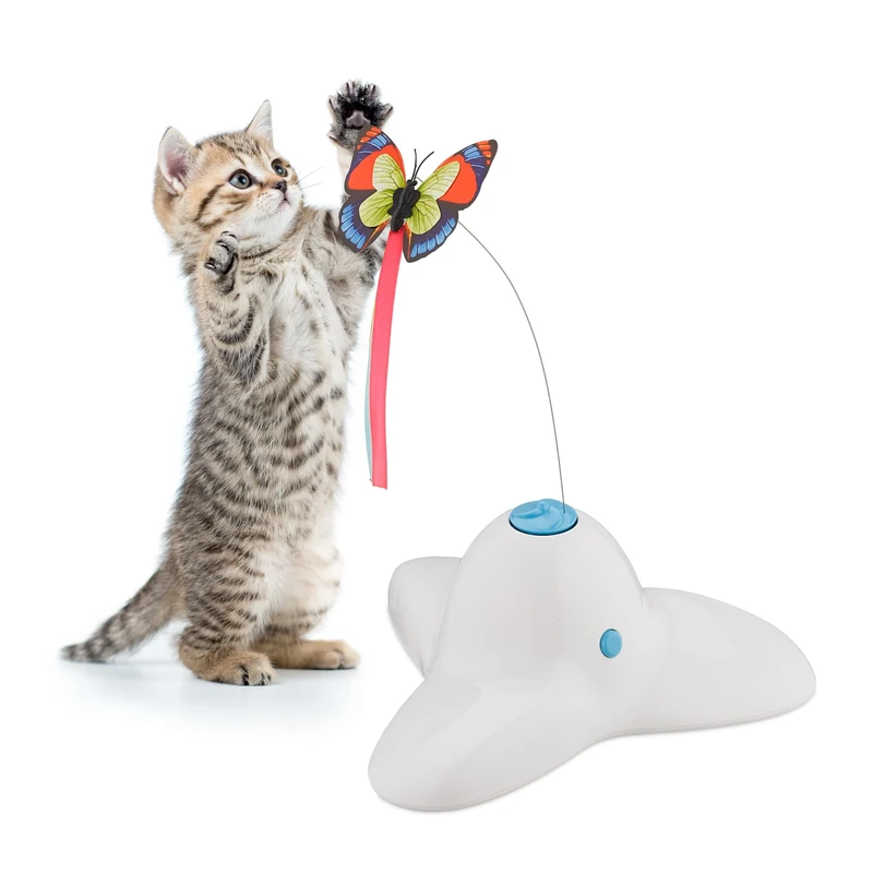 Relaxdays Cat Toy, with Butterfly Decoration, HxWxD: 33.5 x 20.5 x 18 cm, Interactive Pet Game, Spinning Carousel, White