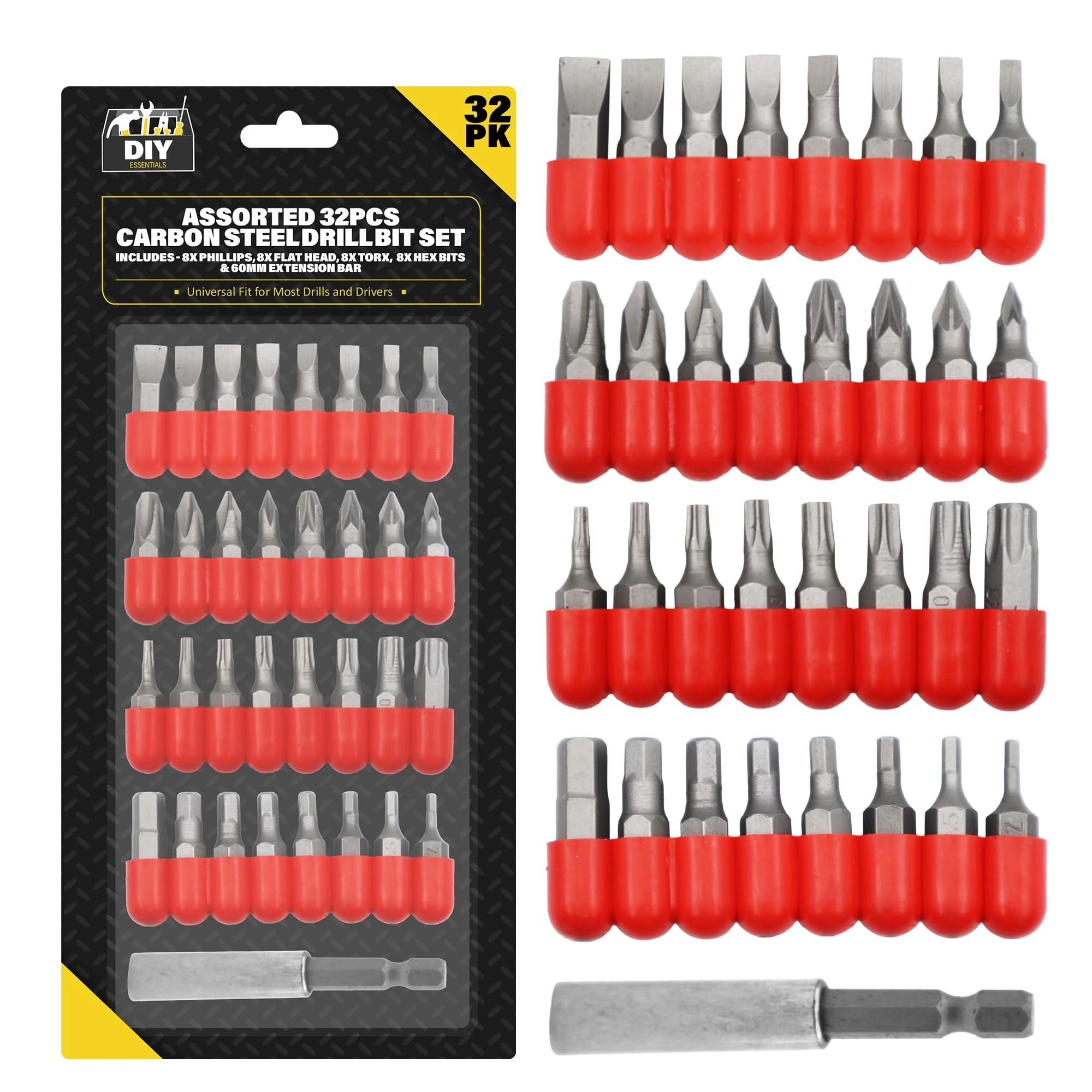 SOL Assorted 32pcs Carbon Steel Drill Bit Set – Includes 8 Phillips, 8 Flat, 8 Torx & 8 Hex Bits – Impact Driver Bits for Versatile Applications – Universal Drill & Screwdriver Set
