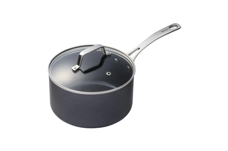 Kyocera Ceramic Saucepan with Ceramic Non-Stick Coating, 20 cm, PFAS/PTFE Free, Stainless Steel Handle, Suitable for All Hob Types, Includes Glass Lid, Charcoal