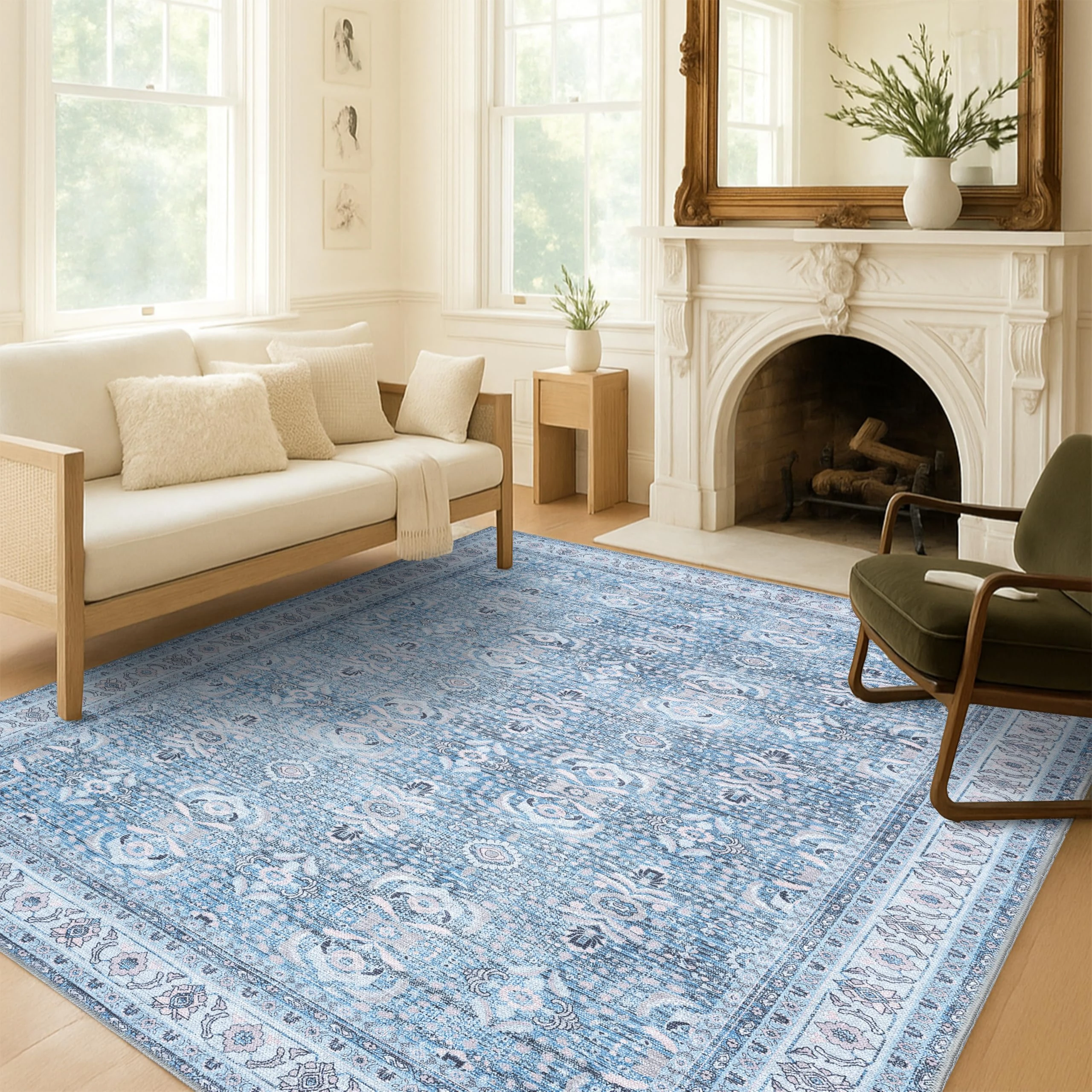 Fame Living Washable Area Rug. Modern Farmhouse. Vintage. Turkish. Bohemian. Distressed. Oriental. Traditional. Rugs for Living Room. Dining. Bedroom. Office. Entryway. Foyer. (866CBl, 7'5" x 9'8")
