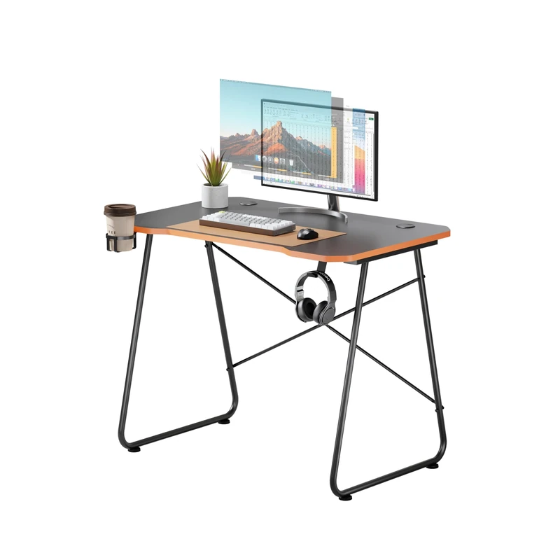 Properav Computer Study Desk Black for Home Office PC Monitor Laptop Gaming with Headphone Hook & Cup Holder