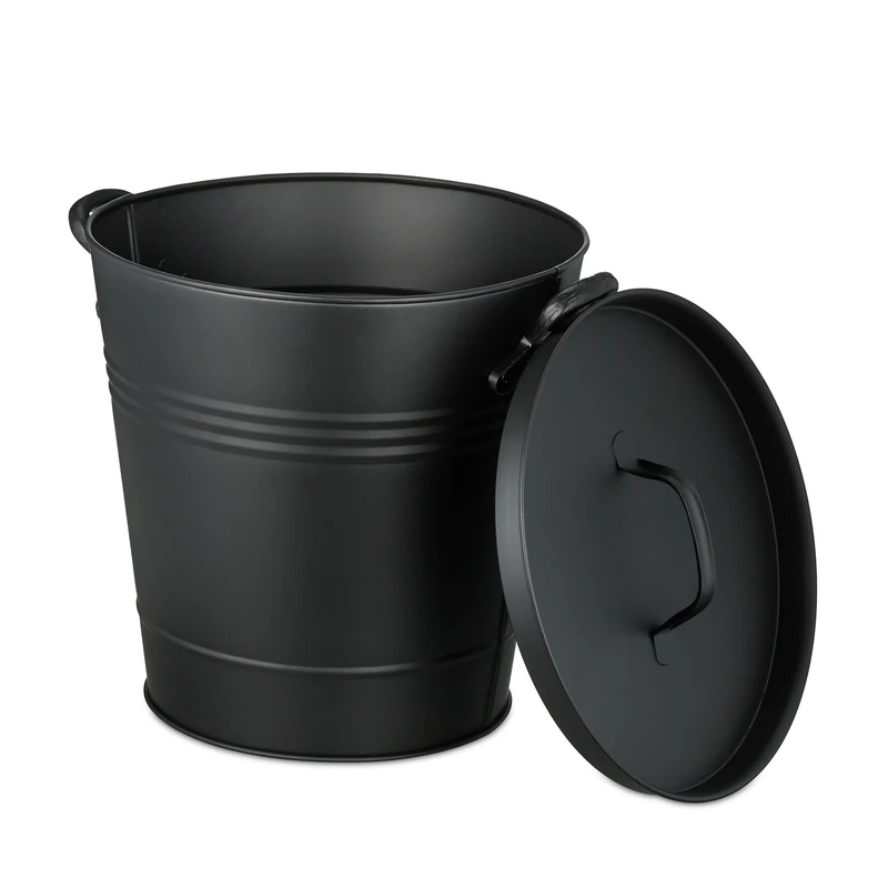 Relaxdays Bucket, with Lid, 19 Litres, Bin with Leather Handle, for Coal & Ash, Fireplace, Grill & Stove, Black, Iron, XL, 33 x 37.5 x 31 cm