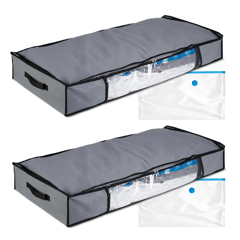 Relaxdays Vacuum, 2X Set Underbed Storage, HxWxD: 15 x 100 x 45 cm, Clothes & Bed Linen, Bag with Hoover Valve, Grey