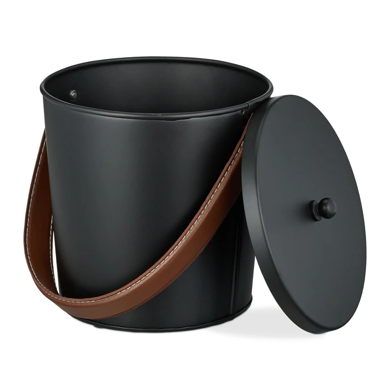 Relaxdays Bucket, with Lid, 4.5 litres, Bin with Leather Handle, for Coal & Ash, Fireplace, Stove, Black/Brown, Iron, M, 21 x 22 x 22 cm