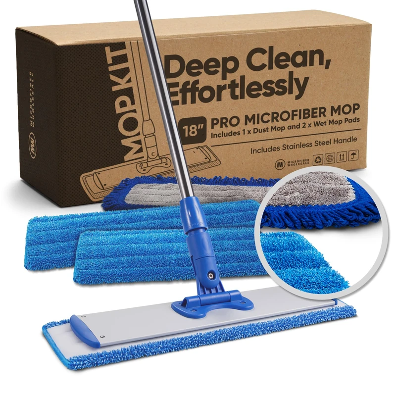 Microfiber Wholesale 18" Professional Microfiber Mop - Hardwood, Laminate, Tile, Vinyl Floors - Blue - Dry & Wet Mop - Washable Pads
