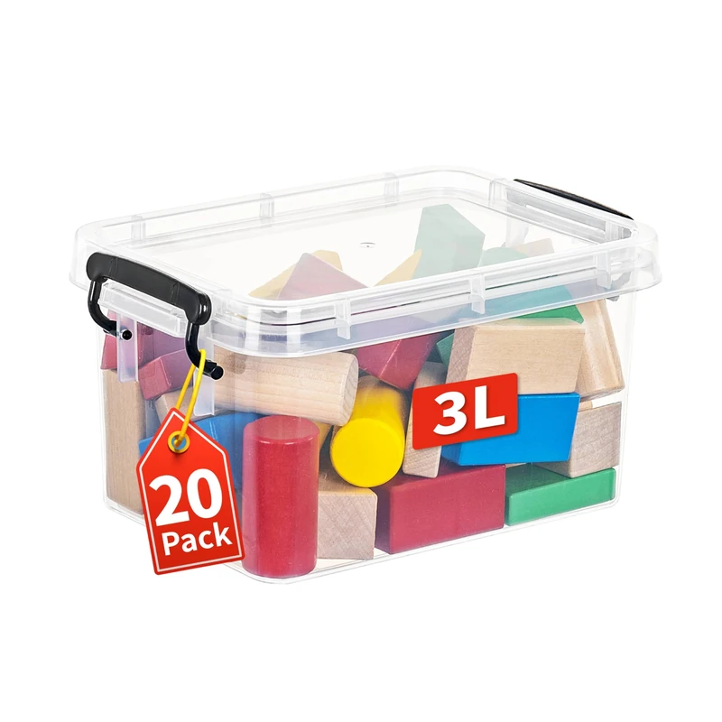 Cetomo 3L*20 Plastic Storage Boxes, Small Storage Box with Lids, Compact Desktop Box, Durable, Sturdy, Heavy- Duty, No-Frills, Stackable, PP, Transparent, 3L-20 Pack