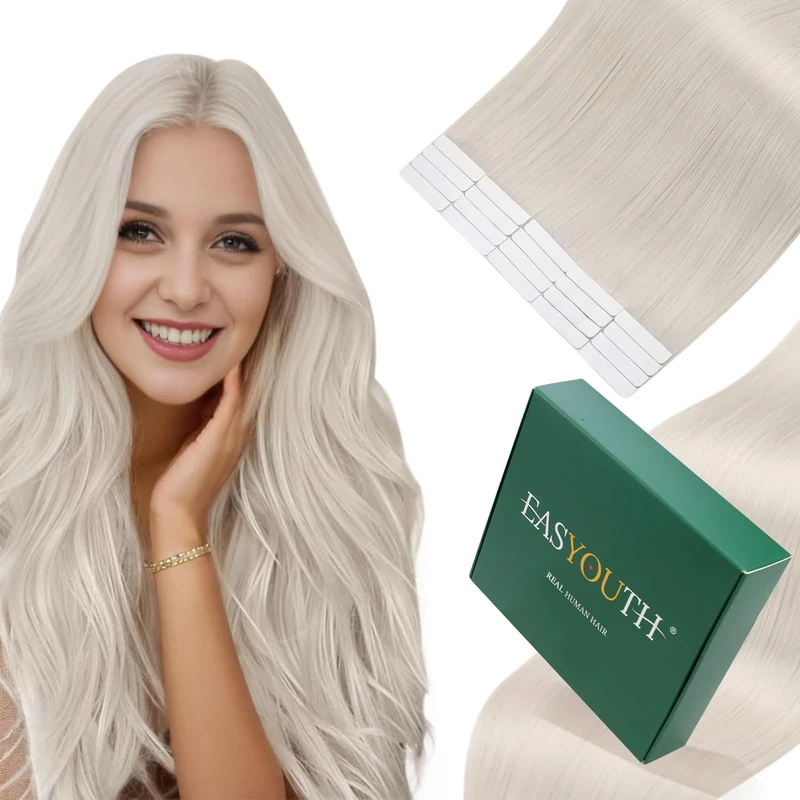 Easyouth Human Hair Tape in Extensions Blonde Tape in Hair Extensions Real Human Hair White Blonde Human Hair Extensions Tape in Stylish Easy to Blend with Natural Hair 20 Inch 50g 20Pcs #1000