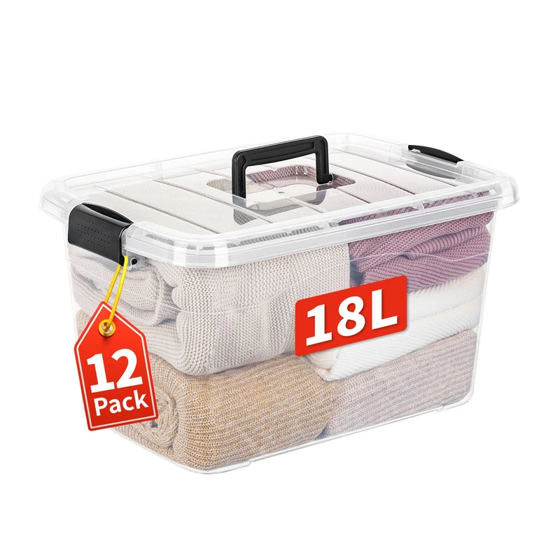 Cetomo 18L*12 Storage Boxes with Handle, Plastic Storage Box with Lids for Home Dorm Office Organization, Stackable & Nestable, Tote Container, PP, Transparent, 18L-12 Pack