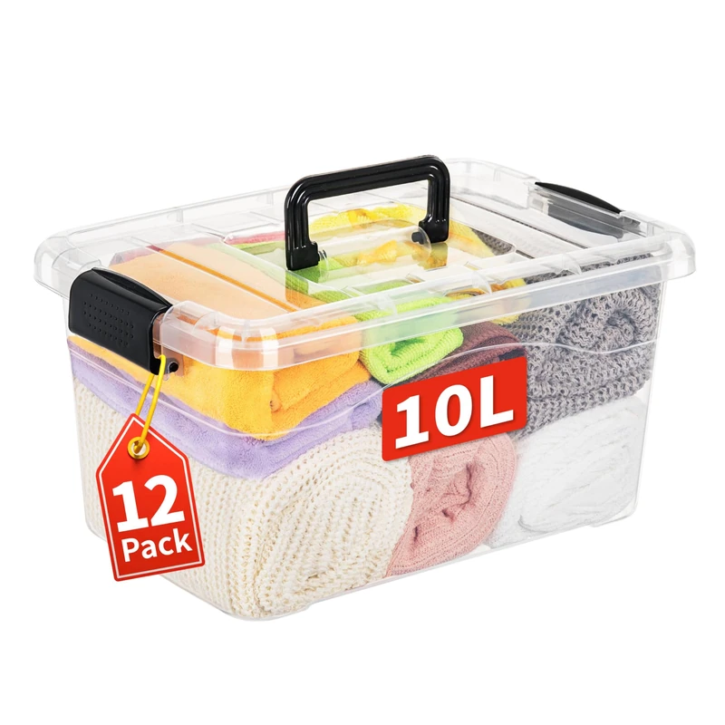 Cetomo 10L*12 Storage Boxes with Handle, Plastic Storage Box with Lids for Home Dorm Office Organization, Stackable & Nestable, Tote Container, PP, Transparent, 10L-12 Pack