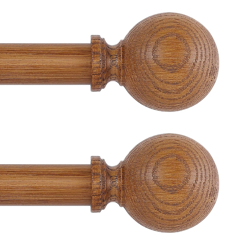 HTZON Wood Curtain Rods for Windows 2Pack:Wooden Boho Farmhouse Curtain Rod for Living Room/Kitchen/Bedroom,Heavy Duty Adjustable Rustic Decorative Drapery Rod with Imitation Wood Finial,Brown 66-120"