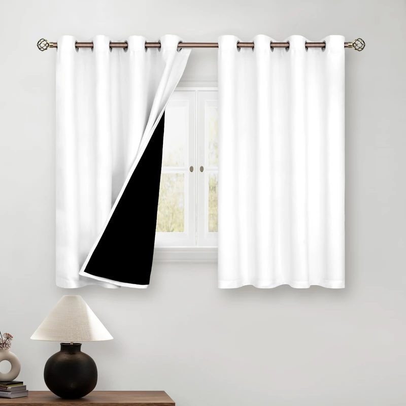 BGment Short 100% Blackout Curtains for Bedroom, Thermal Insulated Energy Efficiency Noise Reducing Grommet Curtains 54 Inch Length with Liner for Small Window 2 Panels Each 46 Inch Wide, Pure White