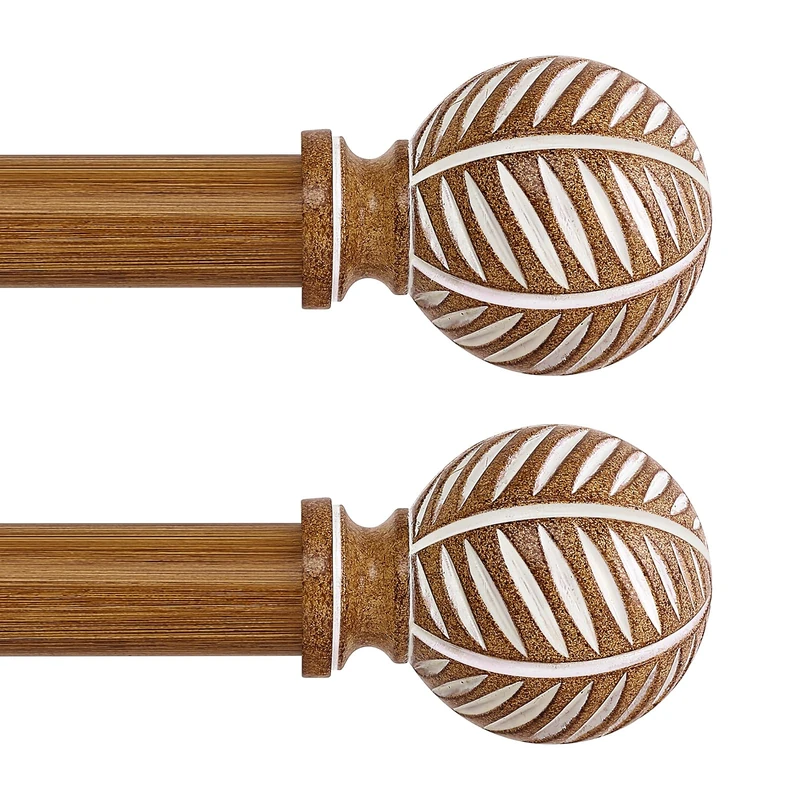 HTZON 2 Pack Brown Boho Adjustable Curtain Rods, 66 to 120 Inch, Imitation Wood Grain Leaf Design, Heavy Duty, Wall Mounted, Baked Enamel Finish