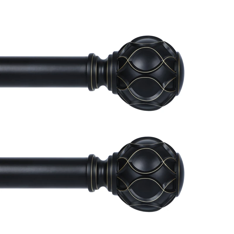 HTZON Black Curtain Rods for Windows 2 Pack:Farmhouse Boho Decorative Curtain Rod for Bedroom Living Room,Heavy Duty Adjustable Rustic Drapery Rods Set with Vintage Coastal Finials,Matte Black 66-120"