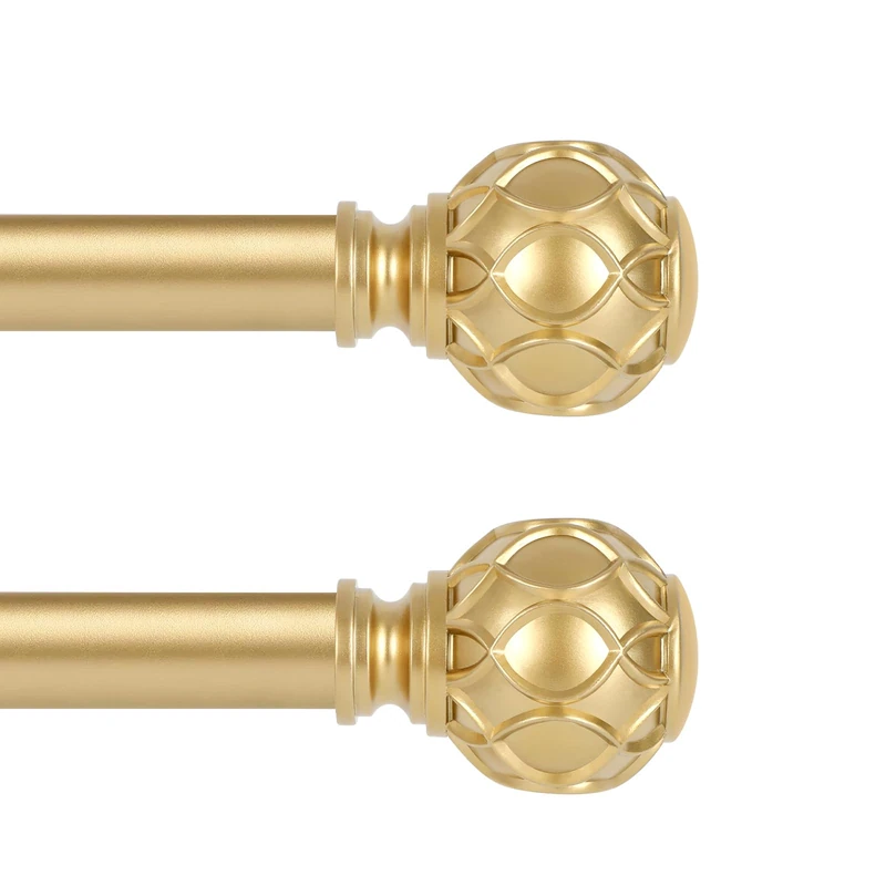 HTZON Gold Curtain Rods for Windows 2 Pack:Farmhouse Boho Decorative Curtain Rod for Bedroom Living Room,Heavy Duty Adjustable Rustic Drapery Rods Set with Vintage Coastal Finials,Brass Gold 66-120"