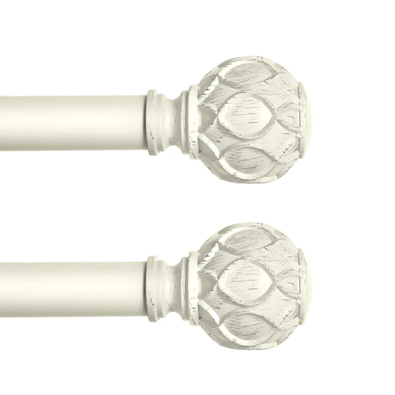 HTZON White Curtain Rods for Windows 2 Pack:Farmhouse Boho Decorative Curtain Rod for Bedroom Living Room,Heavy Duty Adjustable Rustic Drapery Rods with Vintage Coastal Finials,Antique White 66-120"