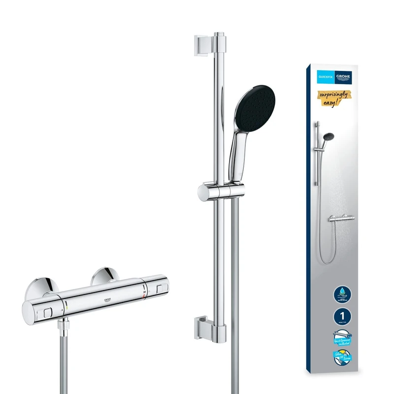 GROHE Precision Start - Exposed Thermostat Shower Set (Round 11 cm Hand 1 Spray: Rain,Hose 1.75 m,Rail 60 cm, Safety Functions, Water Saving), Chrome, 34597001