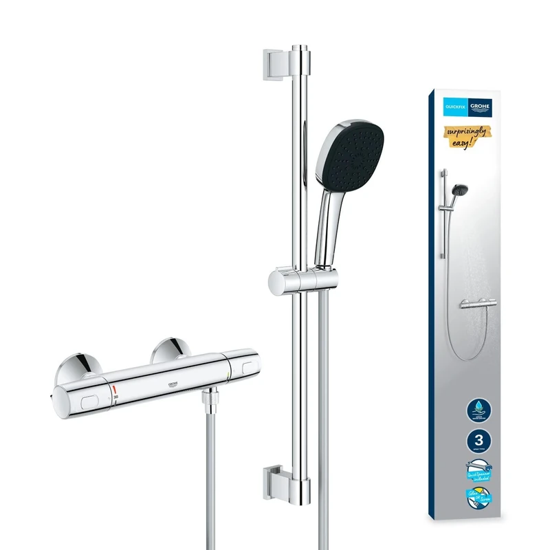 GROHE Precision Trend - Exposed Thermostat Shower Set (Square 11 cm Hand 3 Sprays: Rain, Jet & Massage, Hose 1.75 m, Rail 60 cm, Safety Functions, Water Saving), Chrome, 34237003